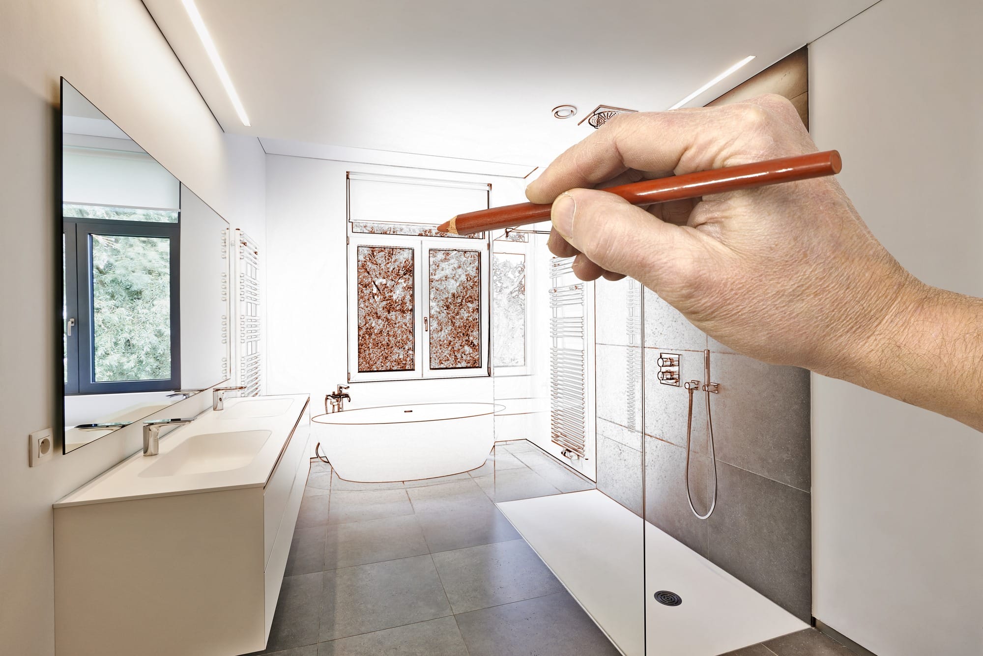 Drawing renovation of a Luxury modern bathroom, Bathtub in corian